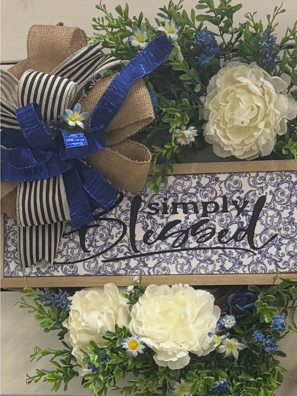 Hand Crafted Simply Blessed Wreath Blue/Cream Faux Florals Final Sa